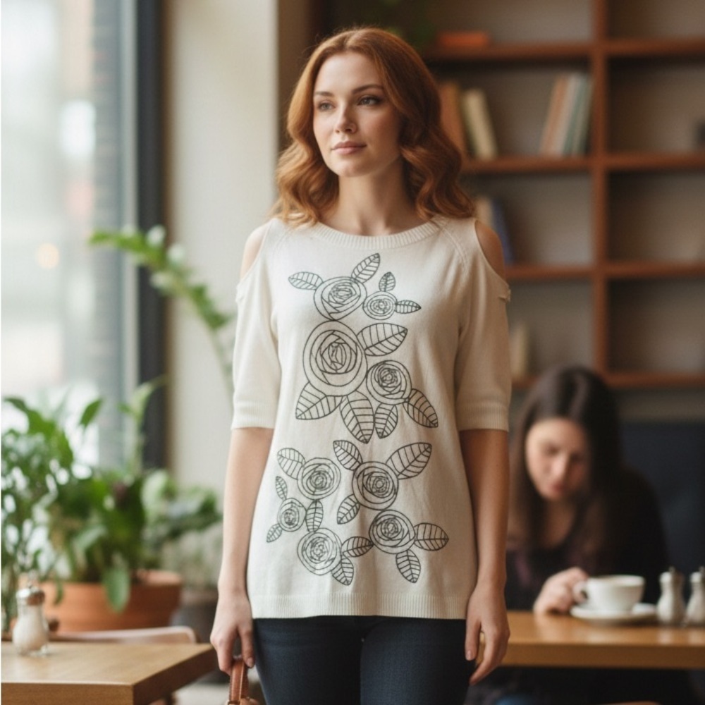 Anne Fontaine White Floral Long Sleeve sweater size 40